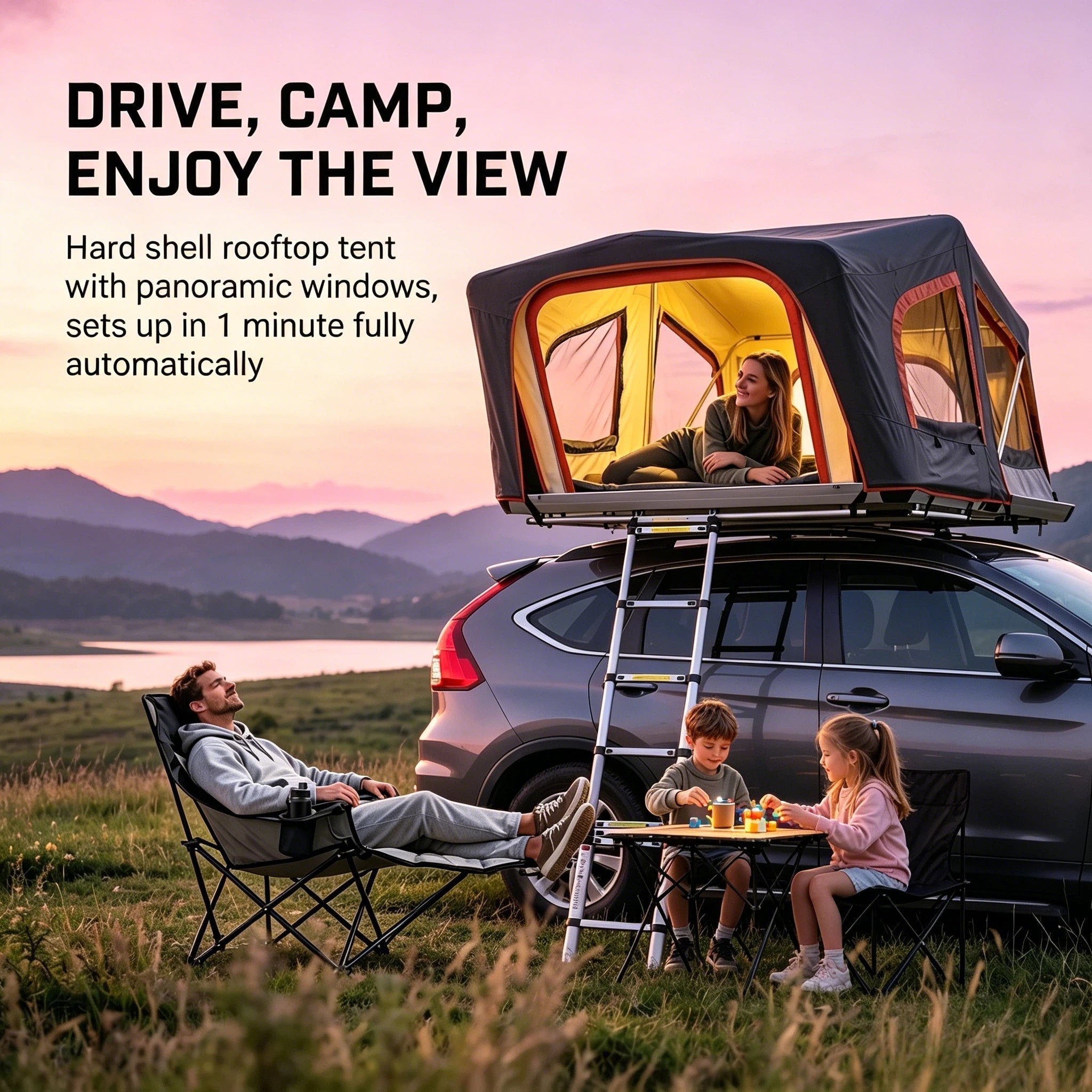 GeerTop Bandit 3-4 person aluminum hard shell rooftop tent installed on SUV for all-weather Nordic forest overland camping, auto quick open design with telescopic ladder