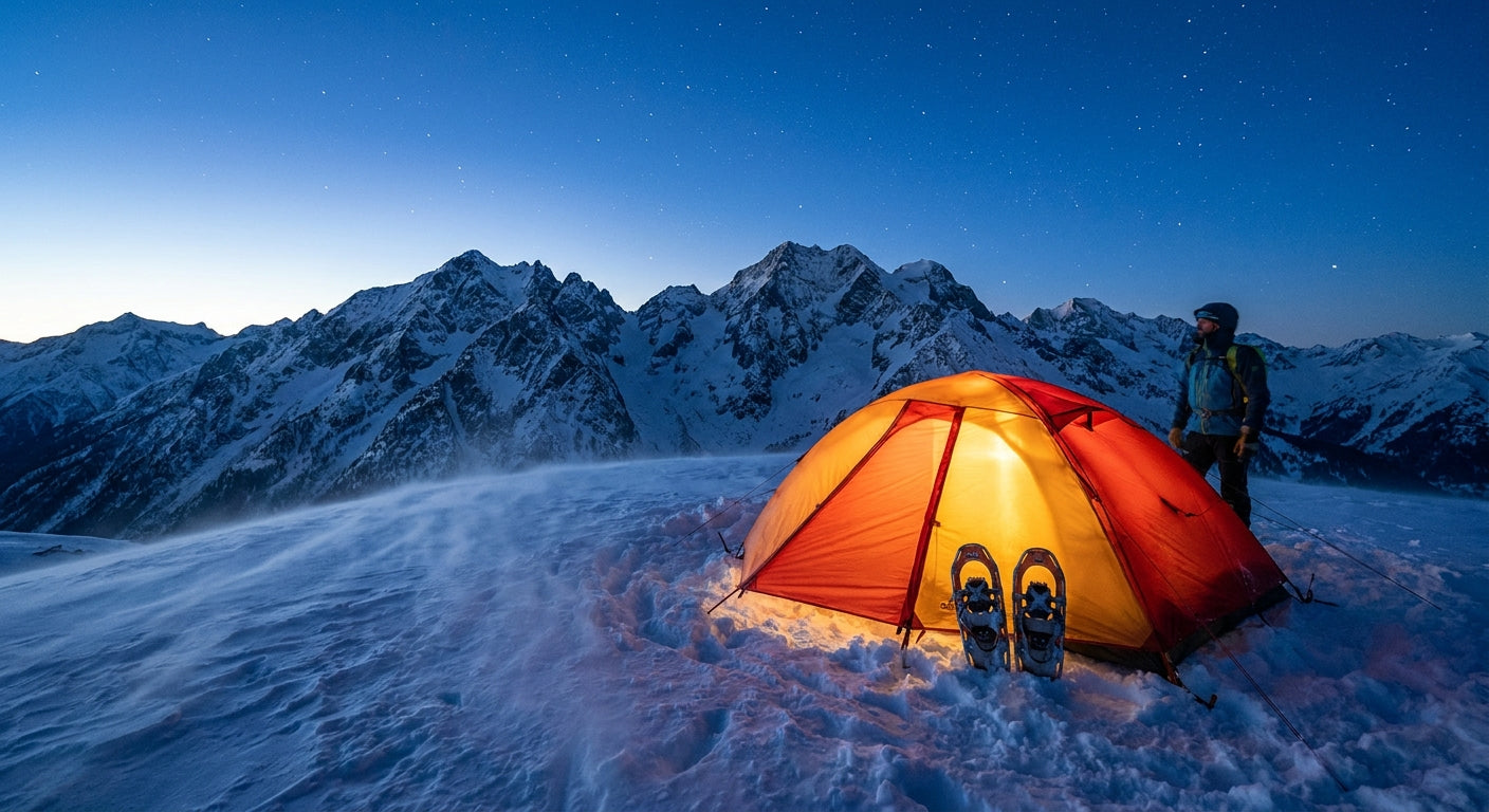 A glowing 4-season tent pitched on a snowy alpine ridge at dusk with dramatic mountain peaks rising in the background under a twilight sky.
