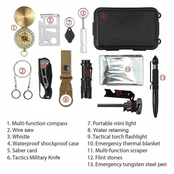 14 in 1 Outdoor Emergency Survival Gear Kit Tactical EDC Set Black