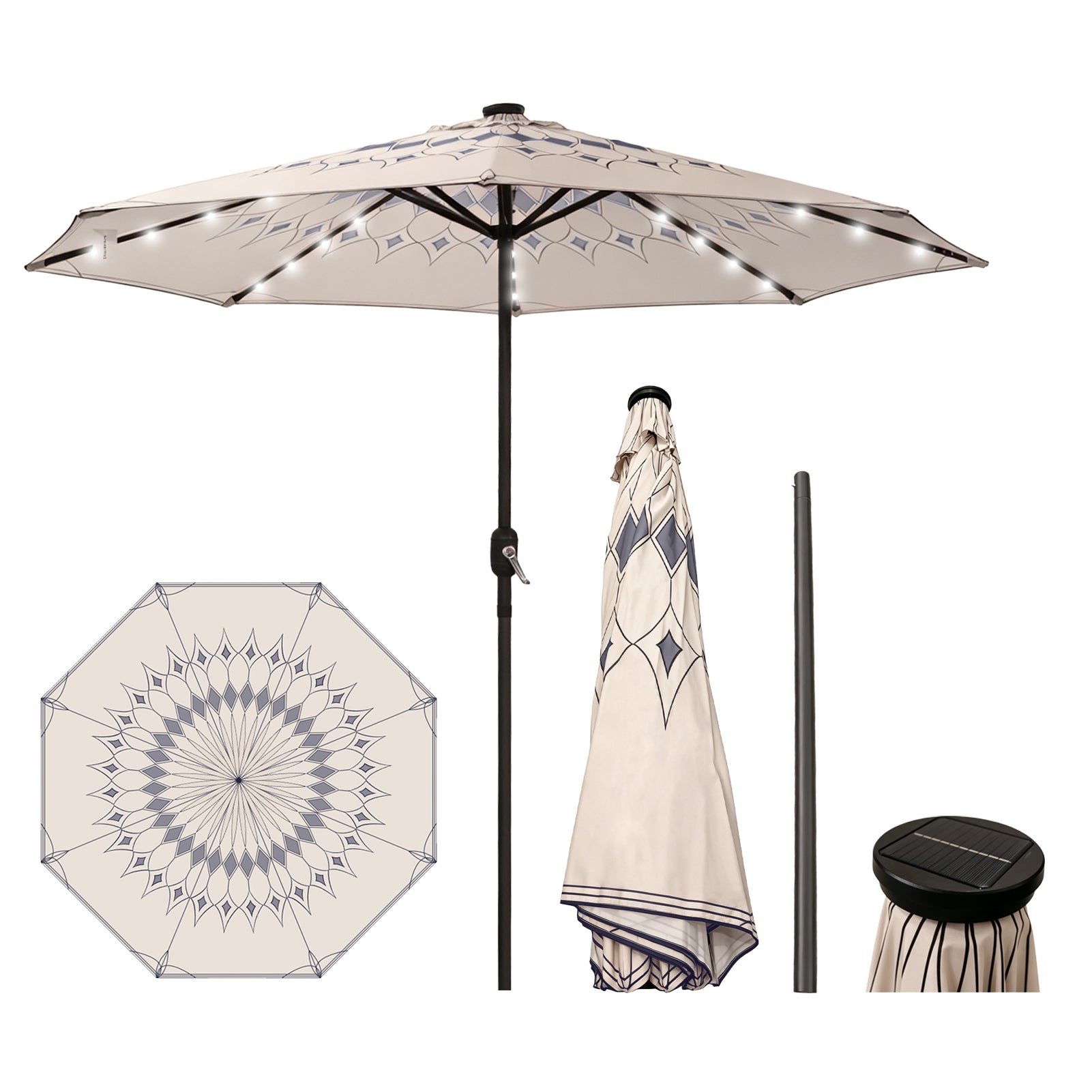 GeerTop 9FT Solar Patio Umbrella with 75 LED Lights