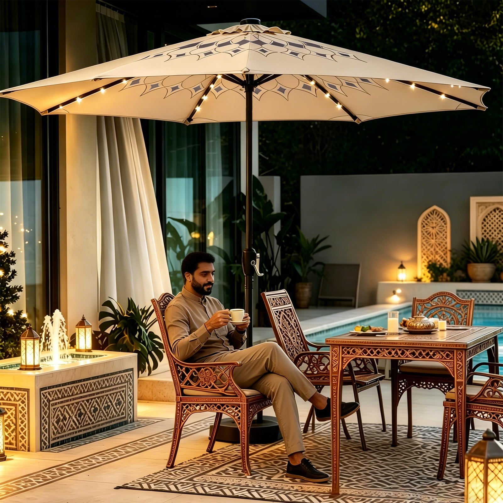 GeerTop 9FT Solar Patio Umbrella with 75 LED Lights