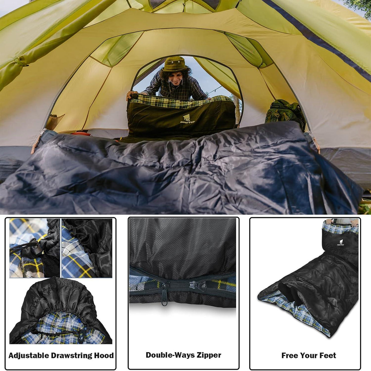 GeerTop Outdoor - GEERTOP Plus Size Flannel 3 Person 4 Season Sleeping Bag