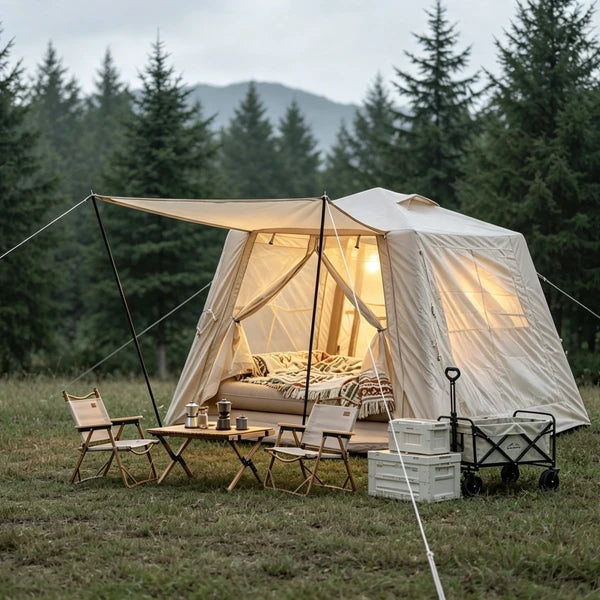 Inflatable Camping Tent with Canopy Waterproof Oxford Glamping Air Tent Beige