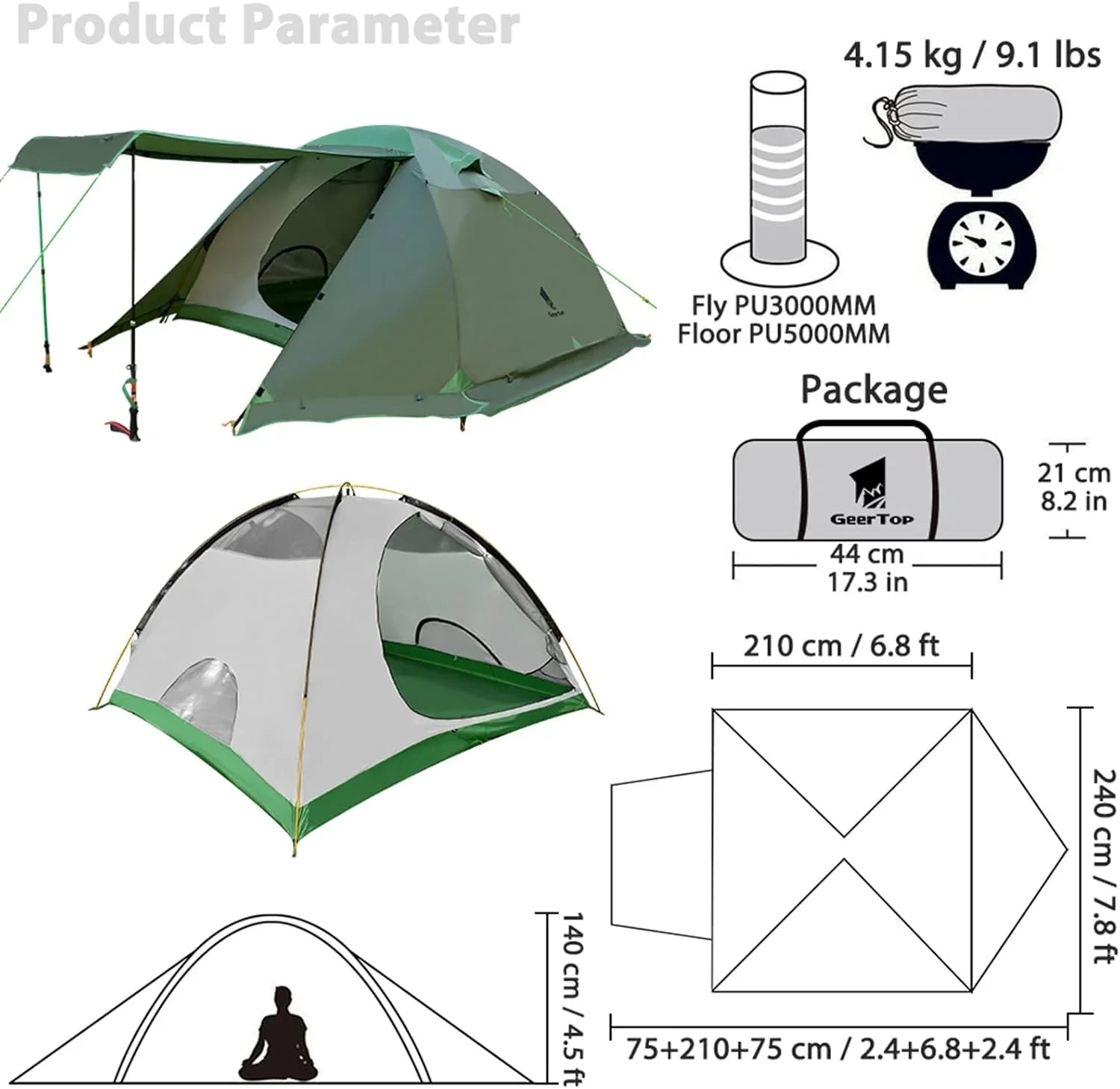 GEERTOP Topload4 4 Person 4 Season Waterproof Camping Tent - Green - GeerTop Outdoor