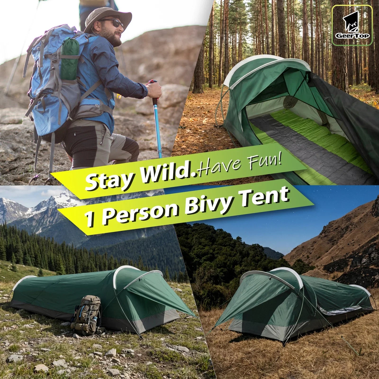 GeerTop Outdoor - GEERTOP BivyII 1 Person 3 Season Green Ultralight Tent