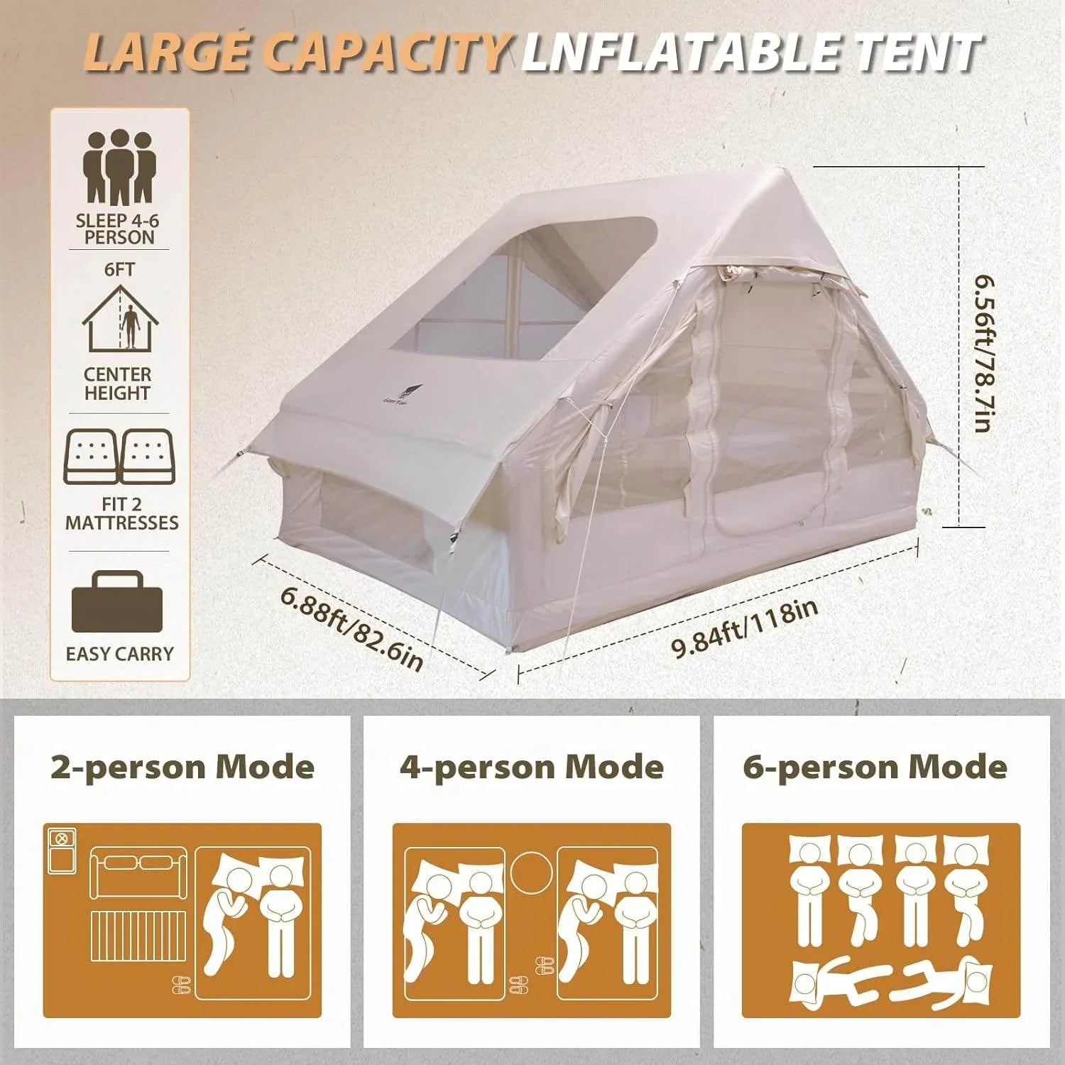 Large capacity inflatable camping tent sleeping 4-6 people with dimensions and modes for 2, 4, and 6 persons