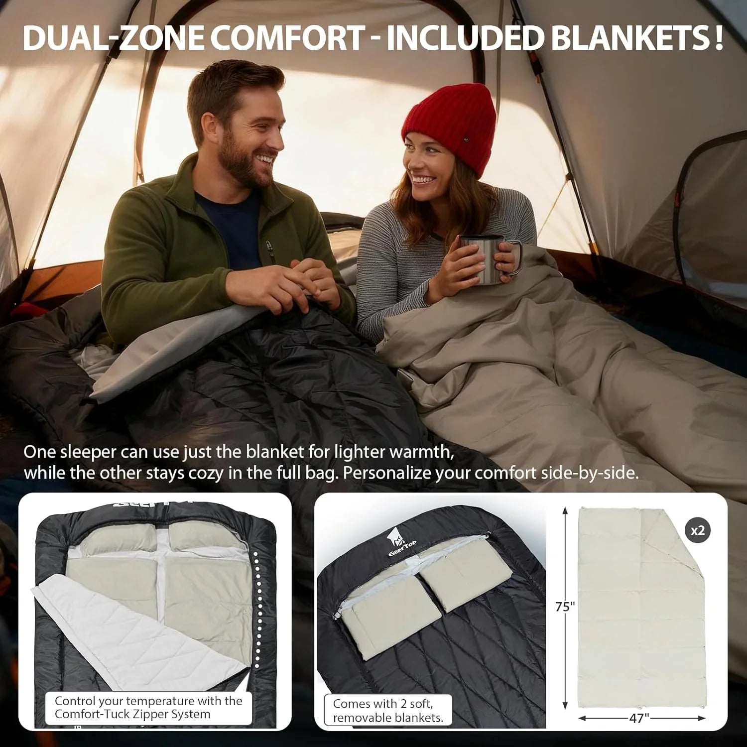 GeerTop Outdoor - GEERTOP Double Camping Sleeping Bag with Detachable Blanket and Pillow
