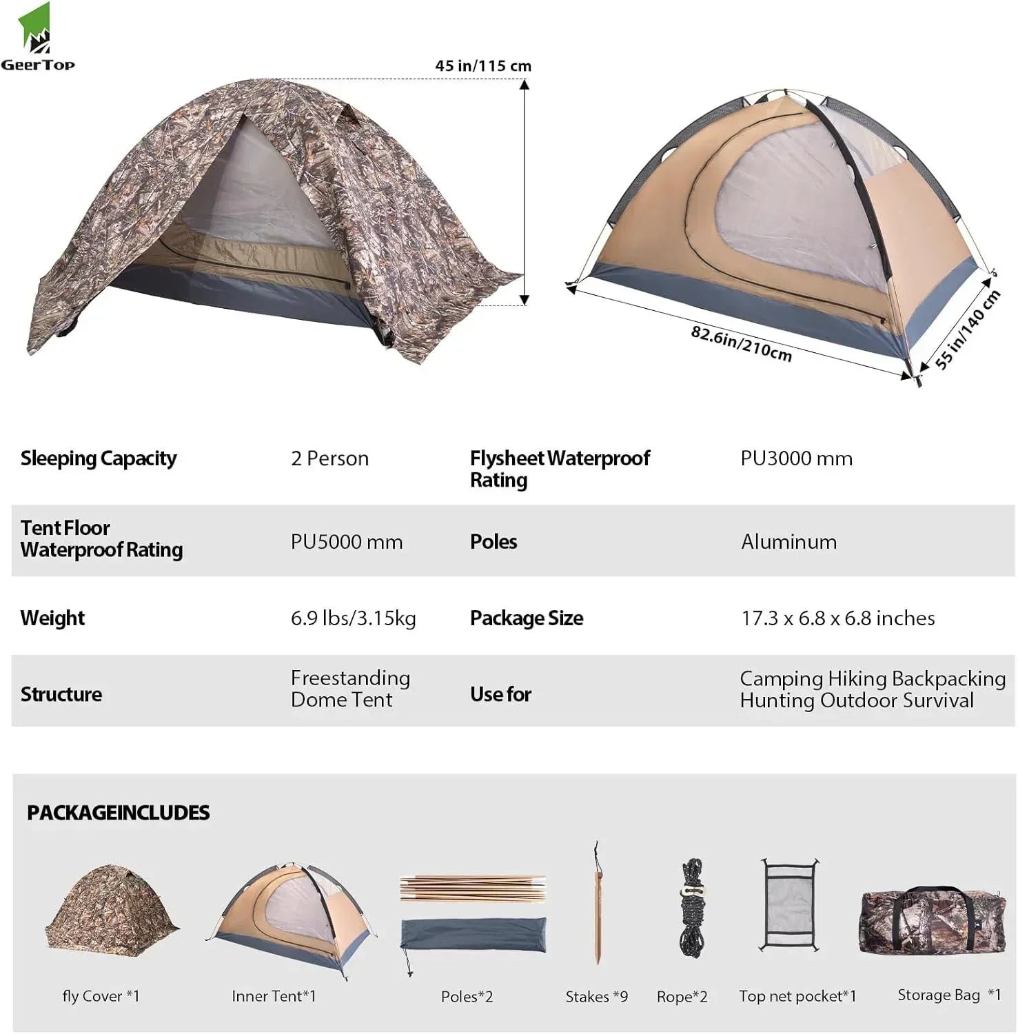 GEERTOP Toproad2 2 Person 4 Season Backpacking Tent - Khaki - GeerTop Outdoor