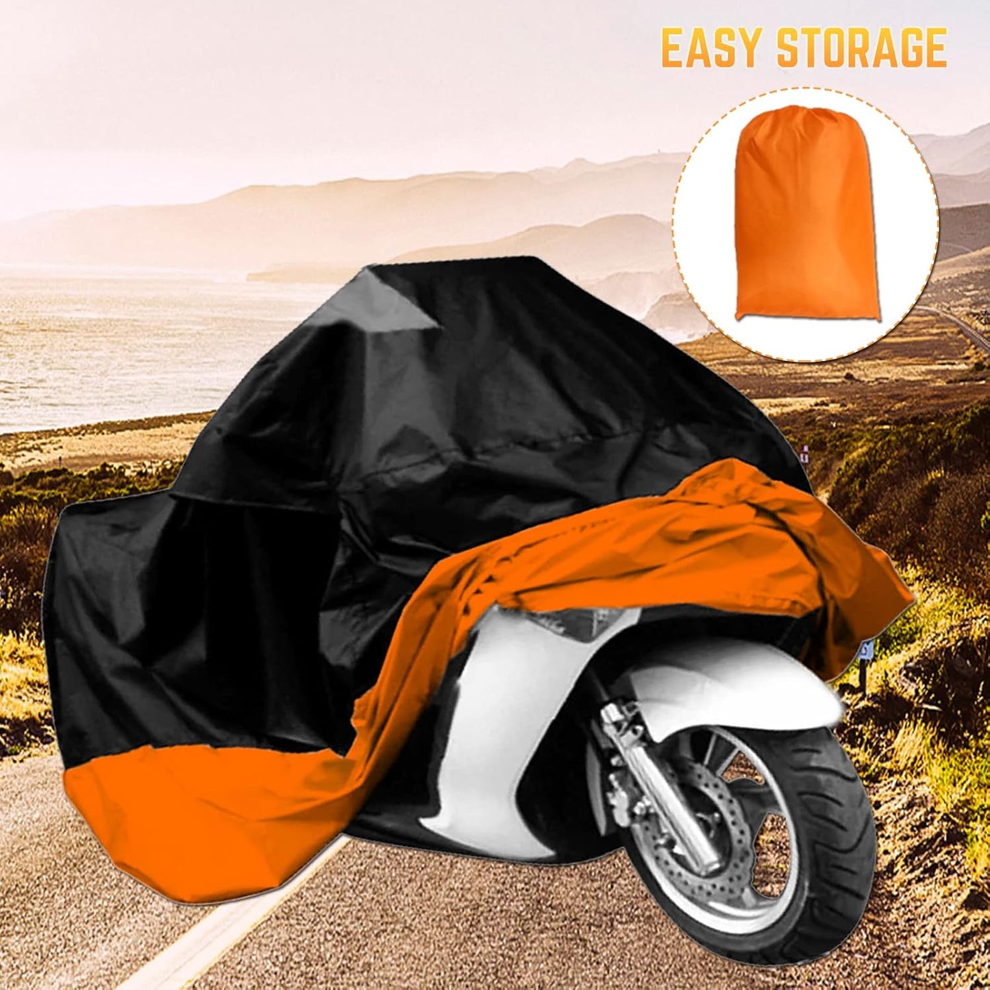 Motorcycle Cover, All Season Waterproof Outdoor Dustproof Durable Vehicle Cover with Lock Holes Fits up to 116 inches for Harley Davidson, Honda, Suzuki,Yamaha and More