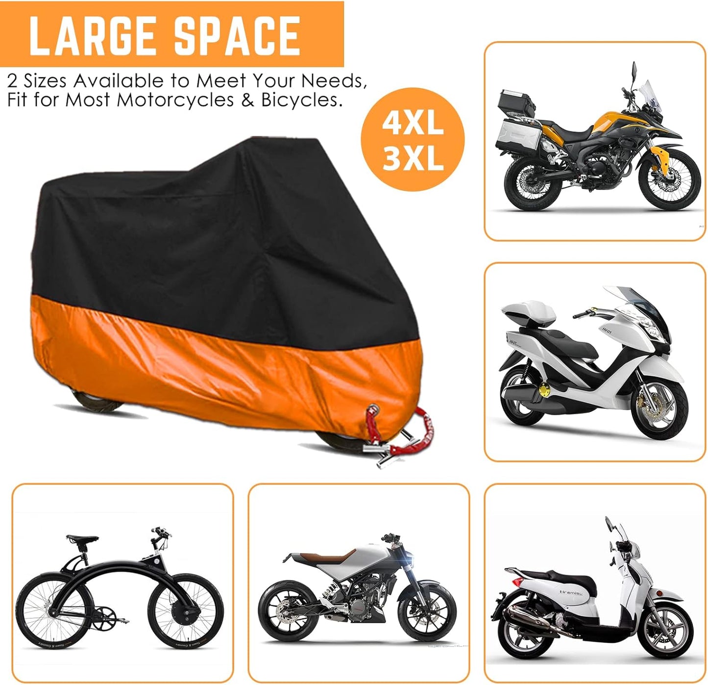 Motorcycle Cover, All Season Waterproof Outdoor Dustproof Durable Vehicle Cover with Lock Holes Fits up to 116 inches for Harley Davidson, Honda, Suzuki,Yamaha and More