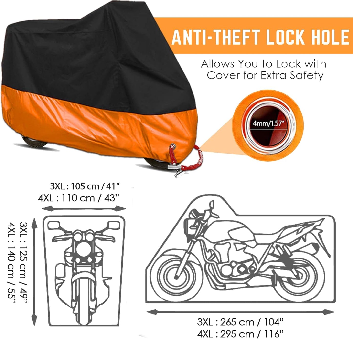Motorcycle Cover, All Season Waterproof Outdoor Dustproof Durable Vehicle Cover with Lock Holes Fits up to 116 inches for Harley Davidson, Honda, Suzuki,Yamaha and More