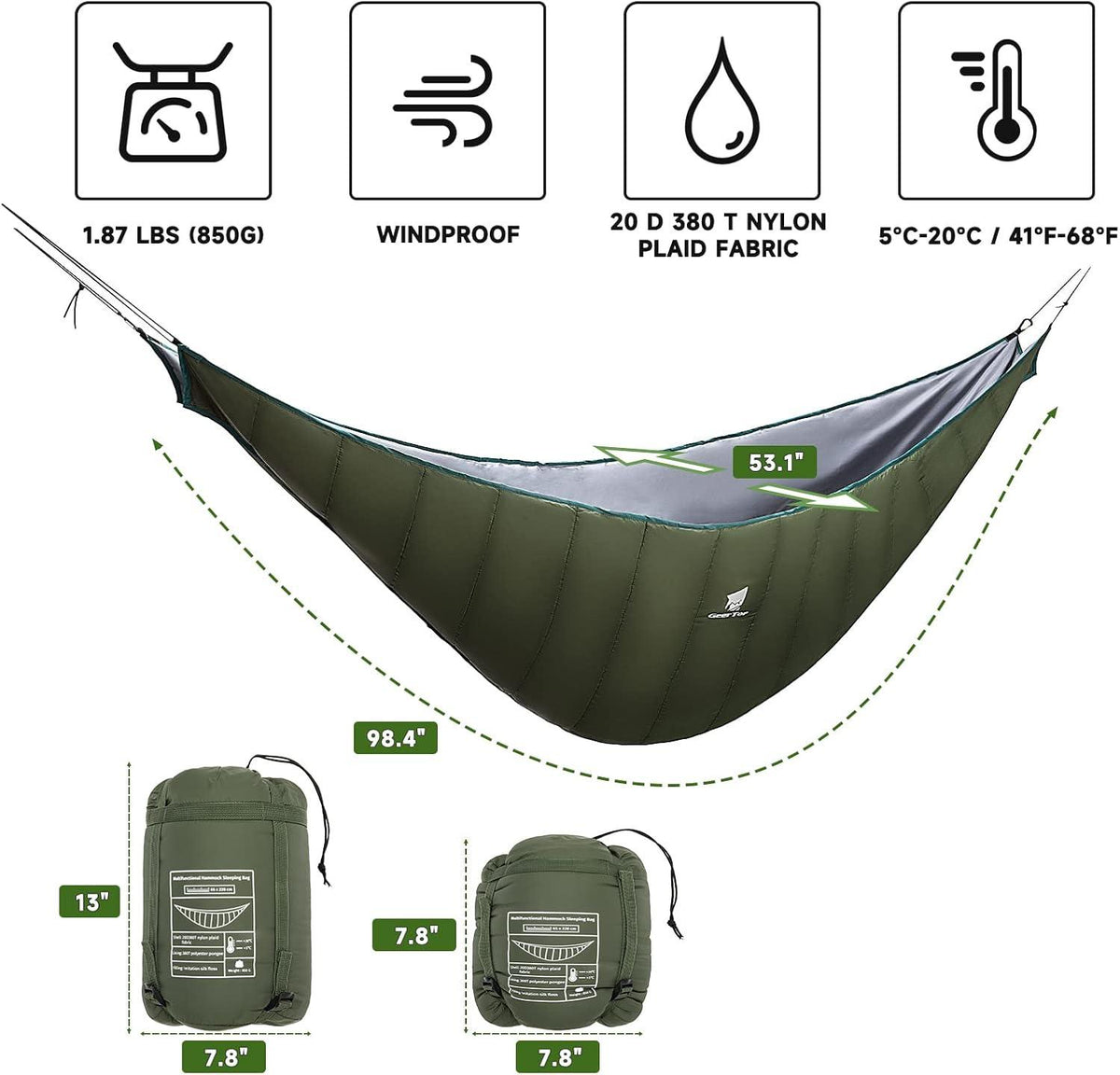 GeerTop Outdoor - GEERTOP 4 Season Single Lightweight Portabl Hammock Sleeping Bag