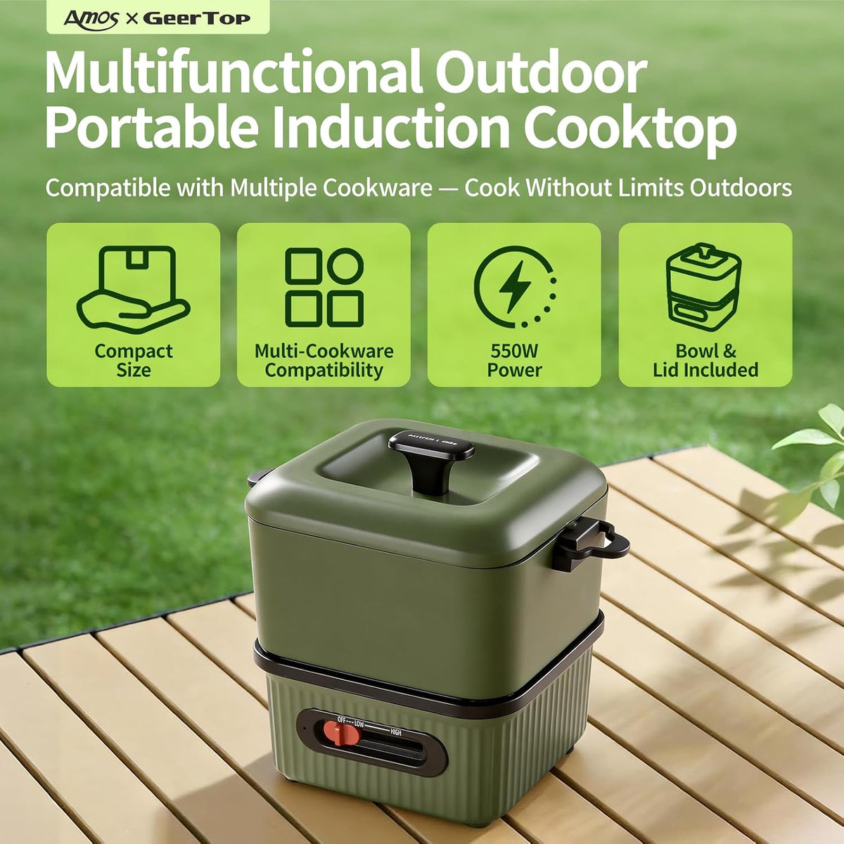 GEERTOP AMOS Portable Electric Hot Pot 1.4 qt with Cookware Set Green