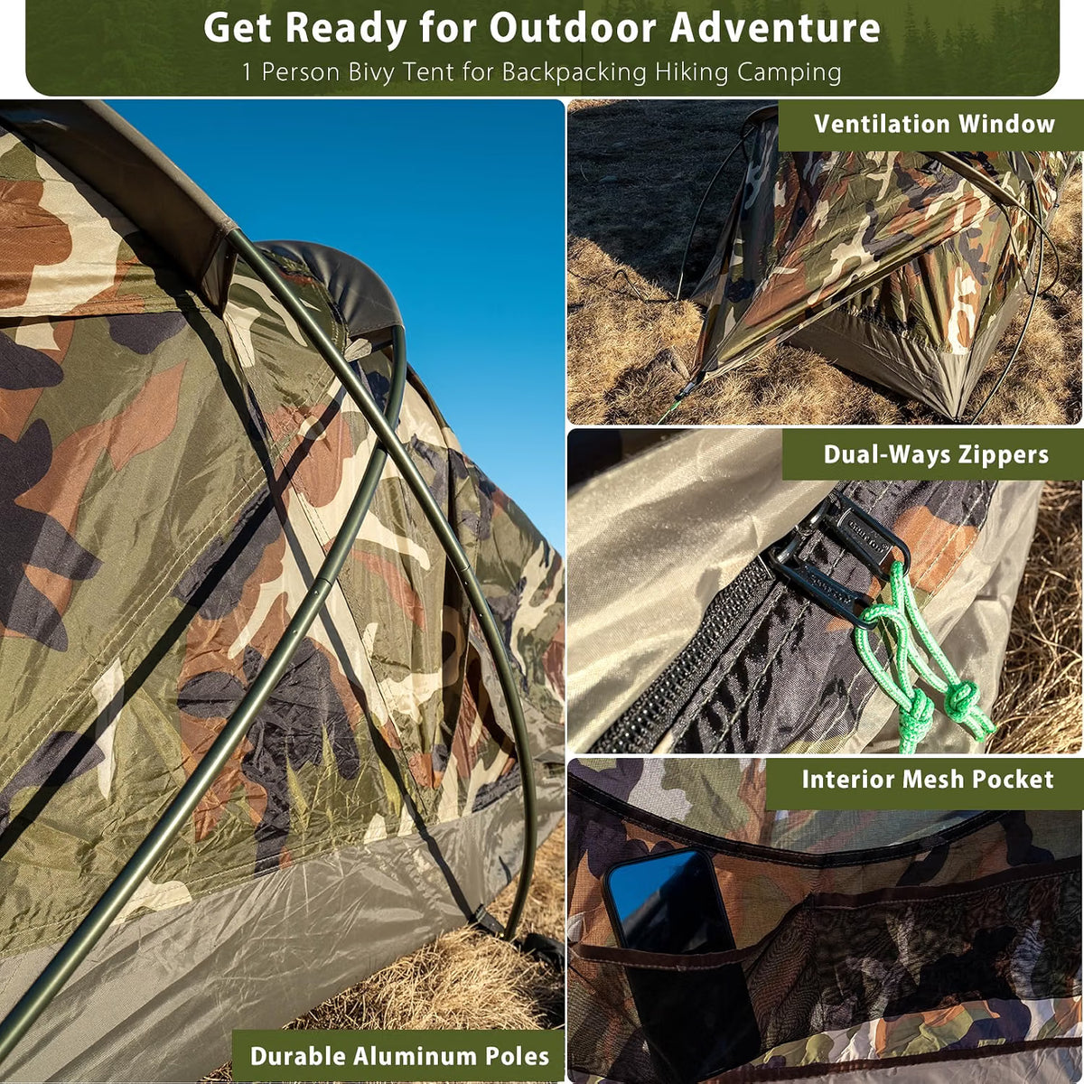 BivyII 1 Person 3 Season Ultralight Backpacking Tent - Camouflage