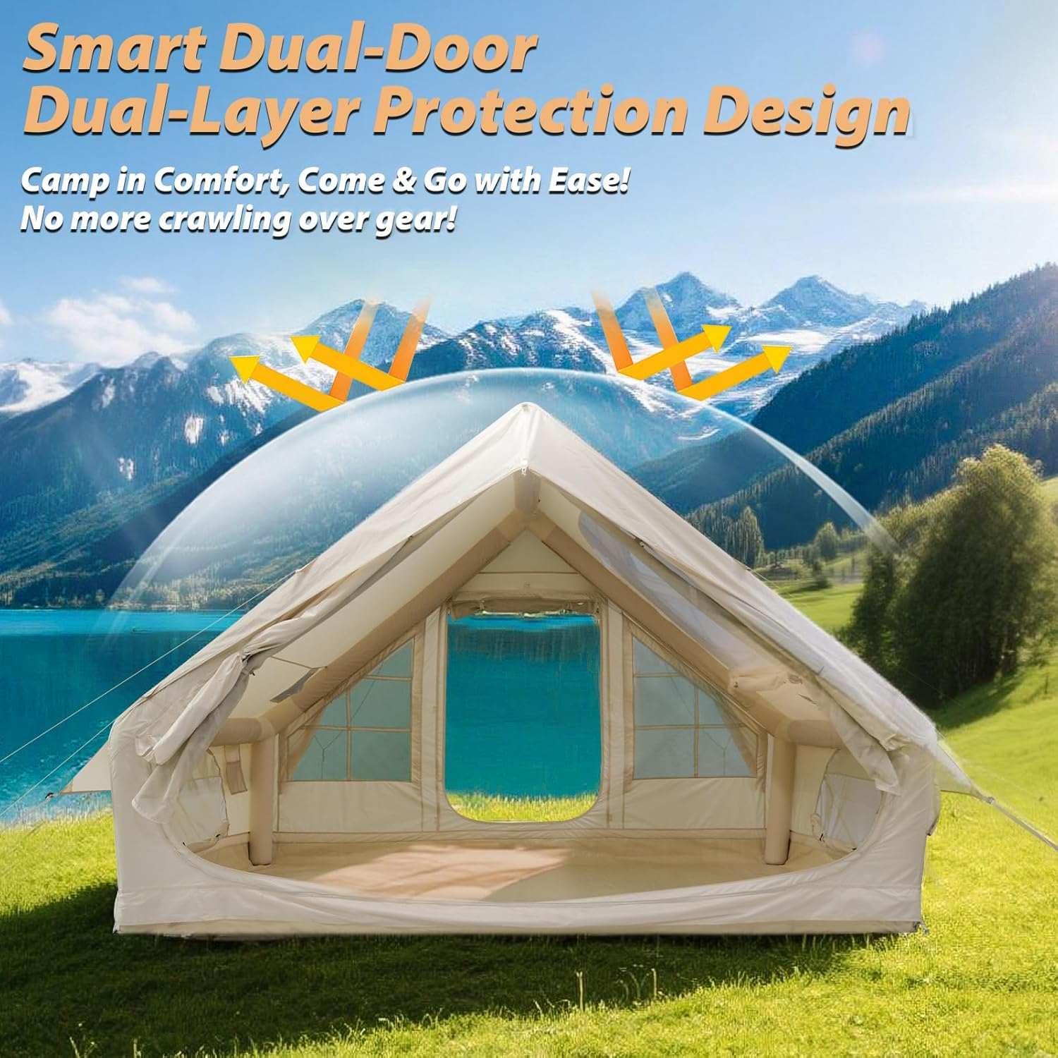 White camping tent with smart dual-door and dual-layer protection in grassy mountain landscape