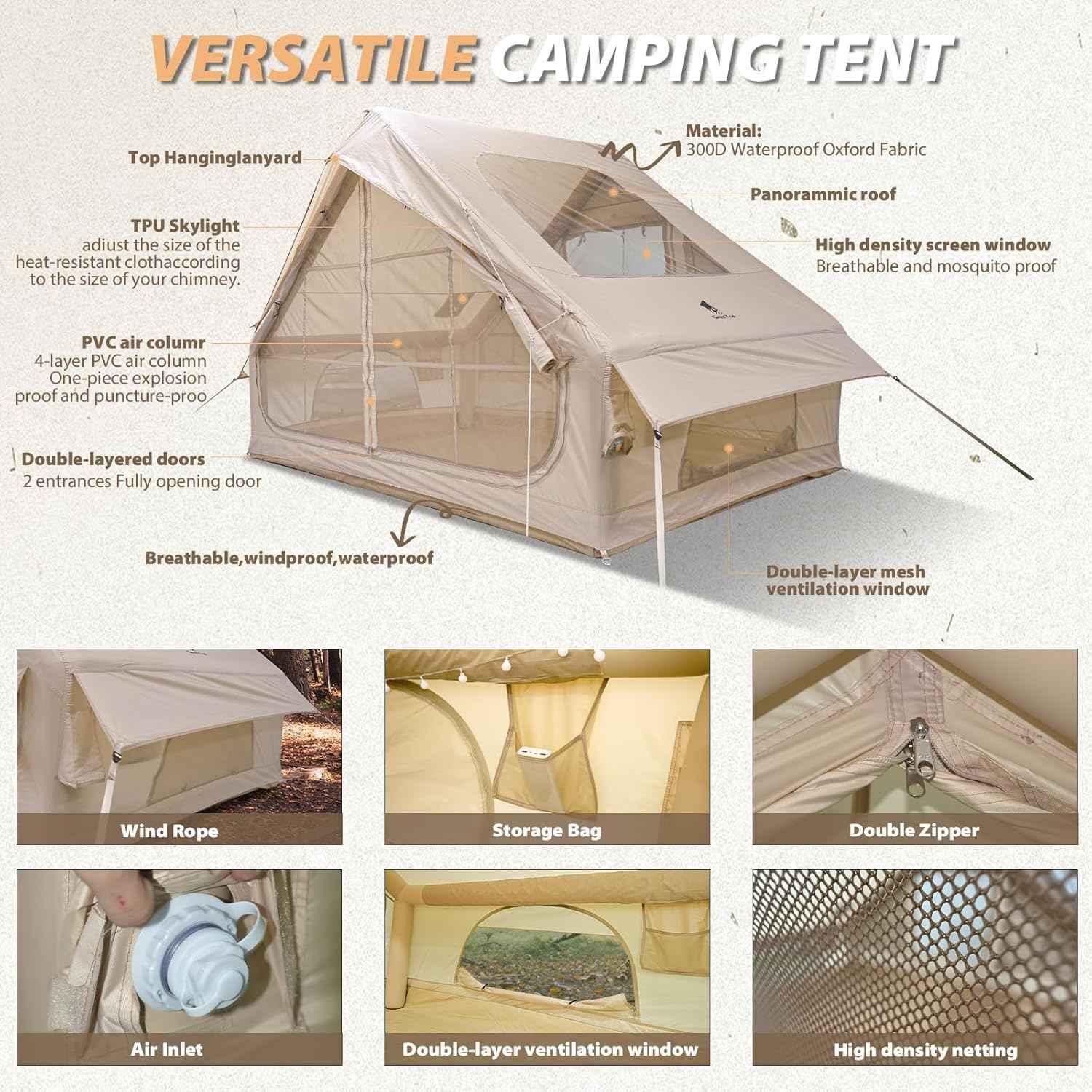 Versatile beige camping tent with panoramic roof, double-layer mesh windows, and waterproof fabric