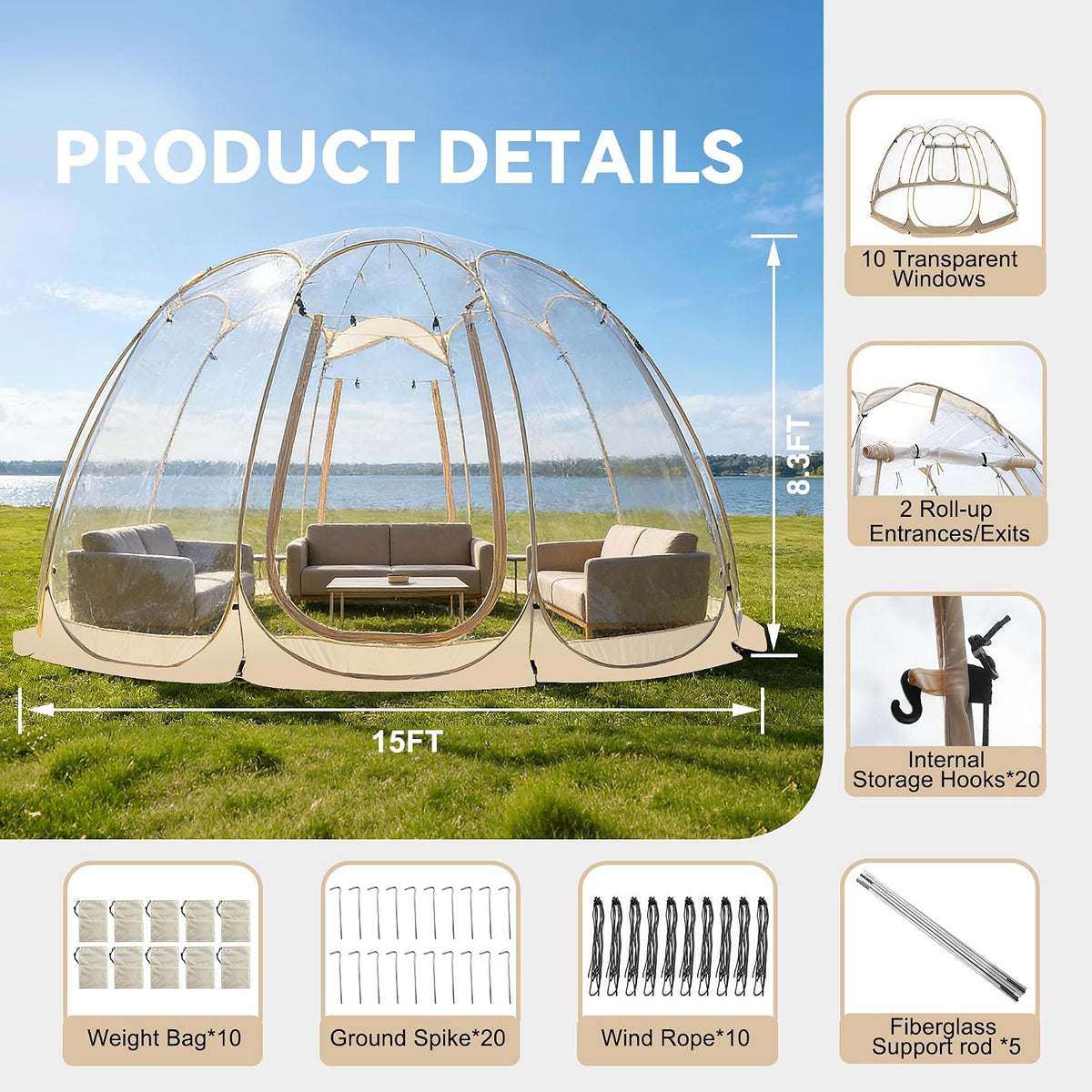 SAEWTINOR 15x15 ft Pop Up Clear Bubble Tent