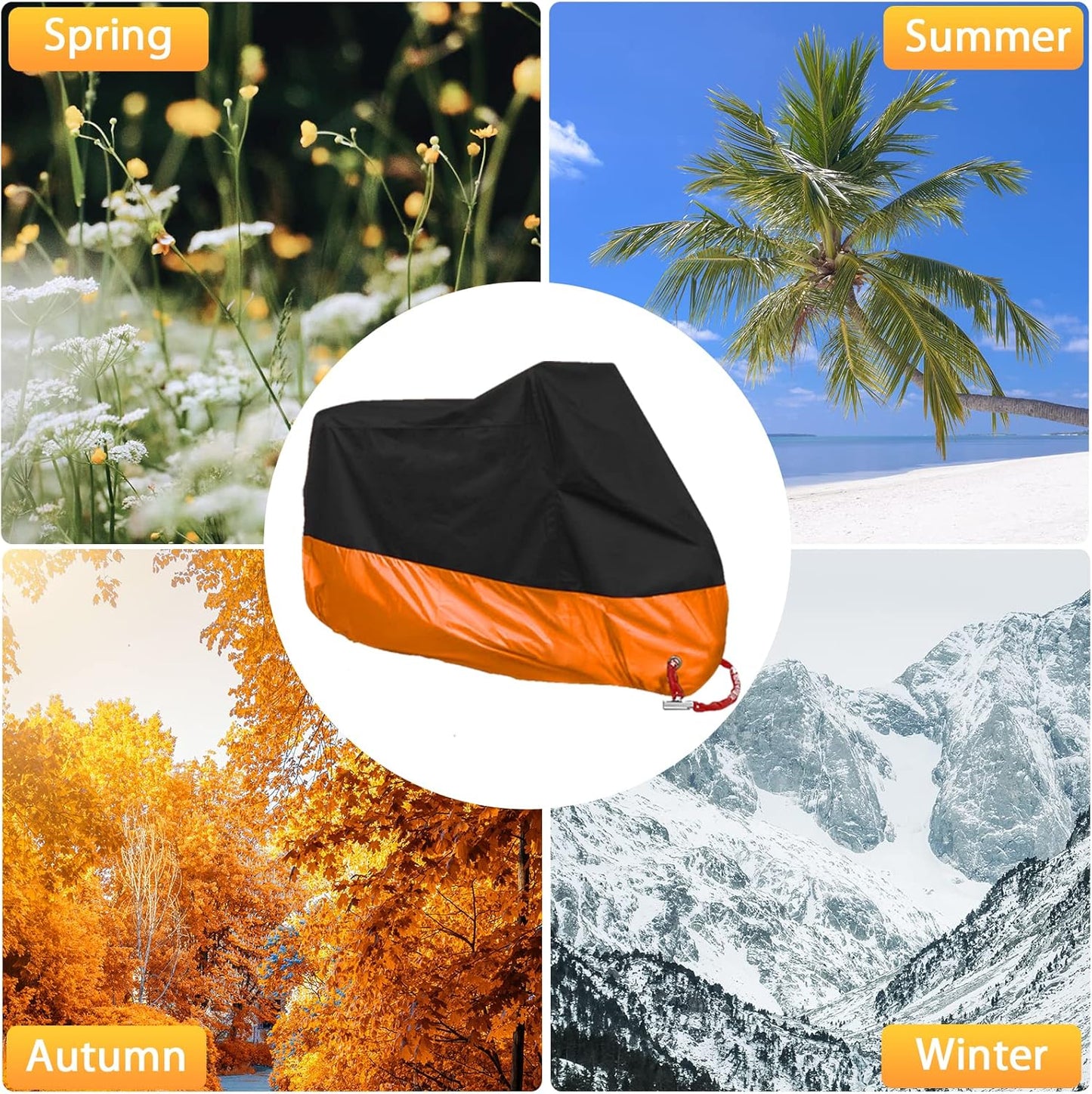 Motorcycle Cover, All Season Waterproof Outdoor Dustproof Durable Vehicle Cover with Lock Holes Fits up to 116 inches for Harley Davidson, Honda, Suzuki,Yamaha and More