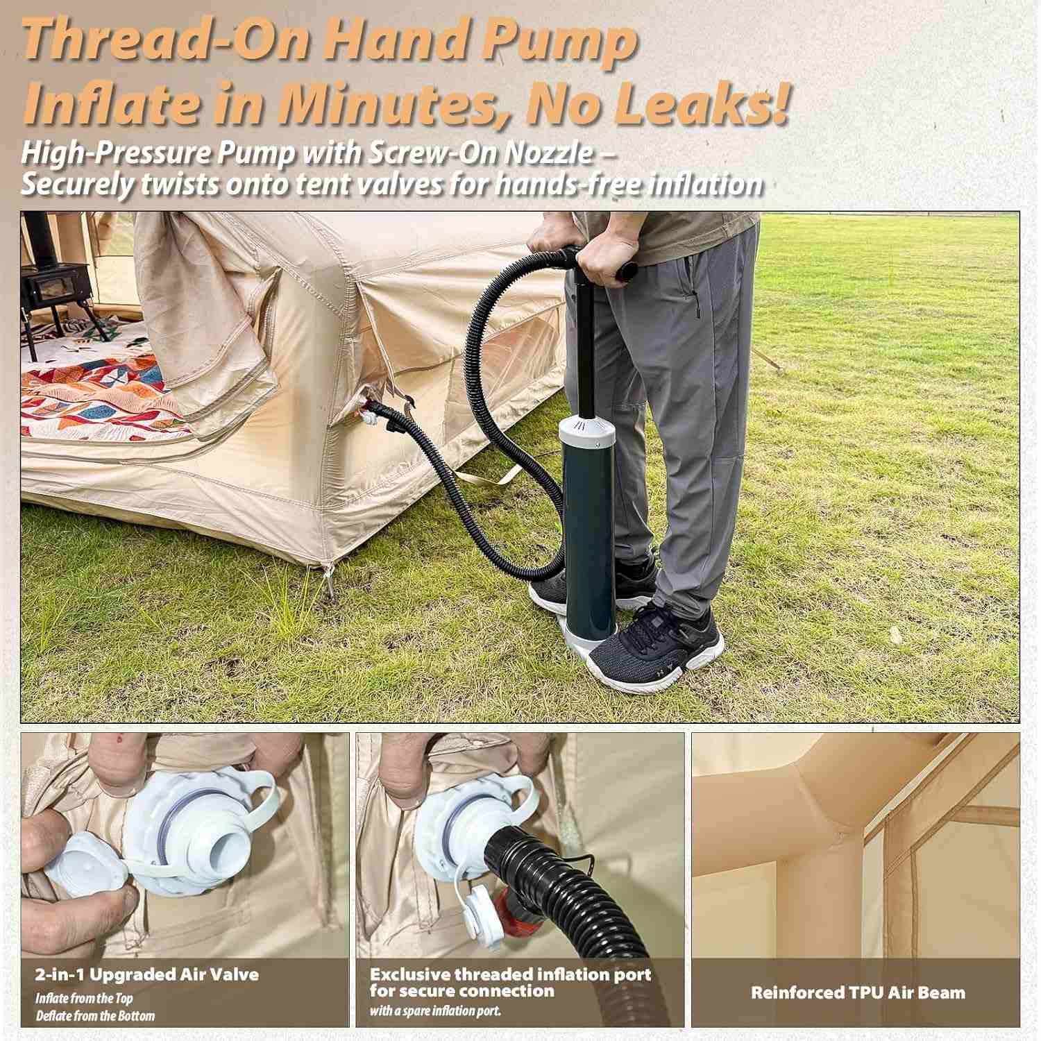 Person using thread-on hand pump to inflate beige tent with screw-on nozzle and reinforced TPU air beam on grass