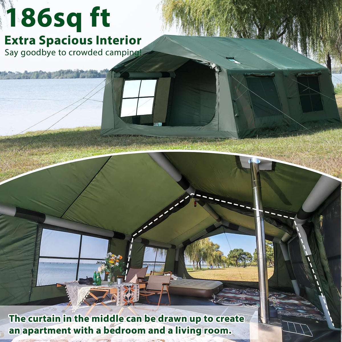 WaldWander 8-12 Person Inflatable Camping Tent with Stove Jack and Rainfly