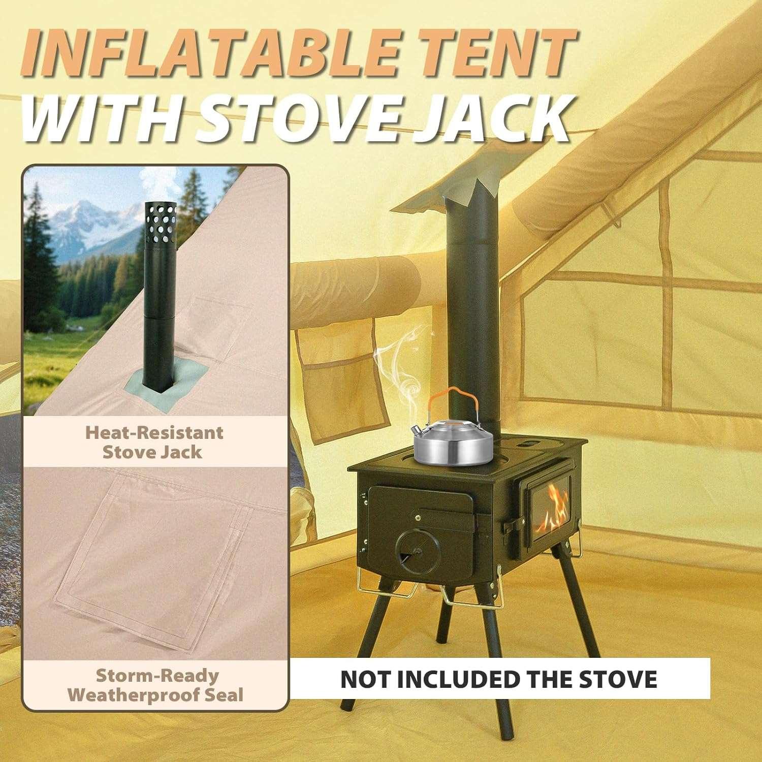 Inflatable tent featuring a heat-resistant stove jack and storm-ready weatherproof seal around stove pipe