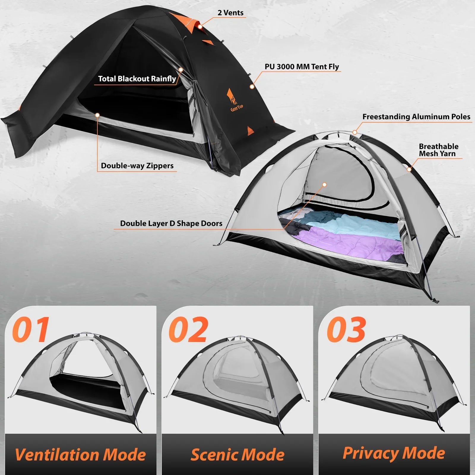GeerTop Outdoor - Toproad2 2 Person 4 Season Backpacking Tent - Darkroom Blackout Version
