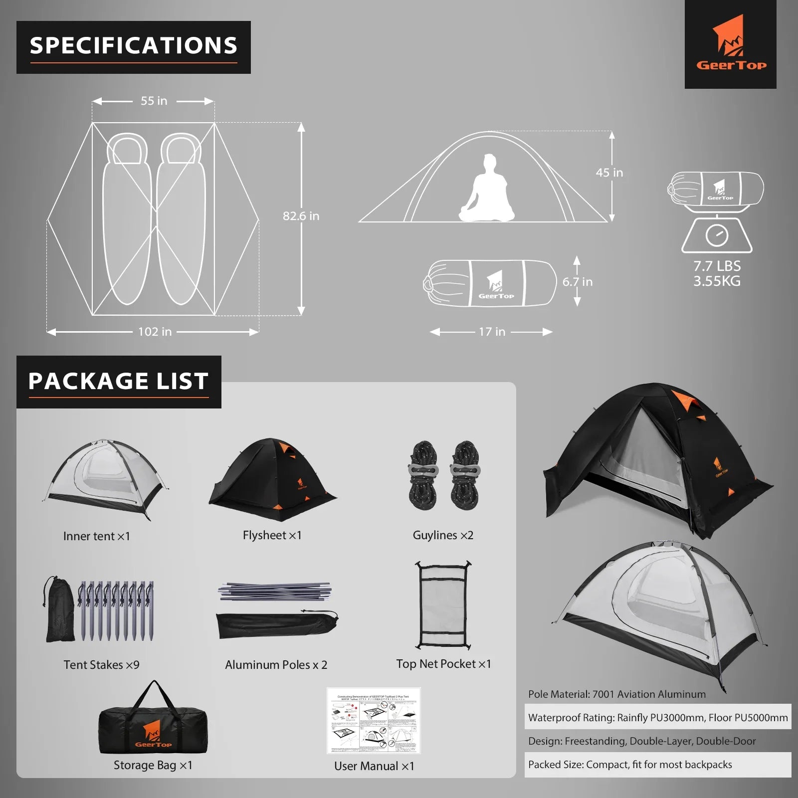 GeerTop Outdoor - Toproad2 2 Person 4 Season Backpacking Tent - Darkroom Blackout Version