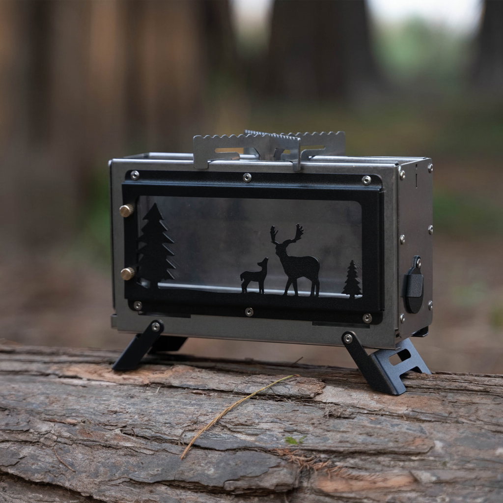Stove on log forest