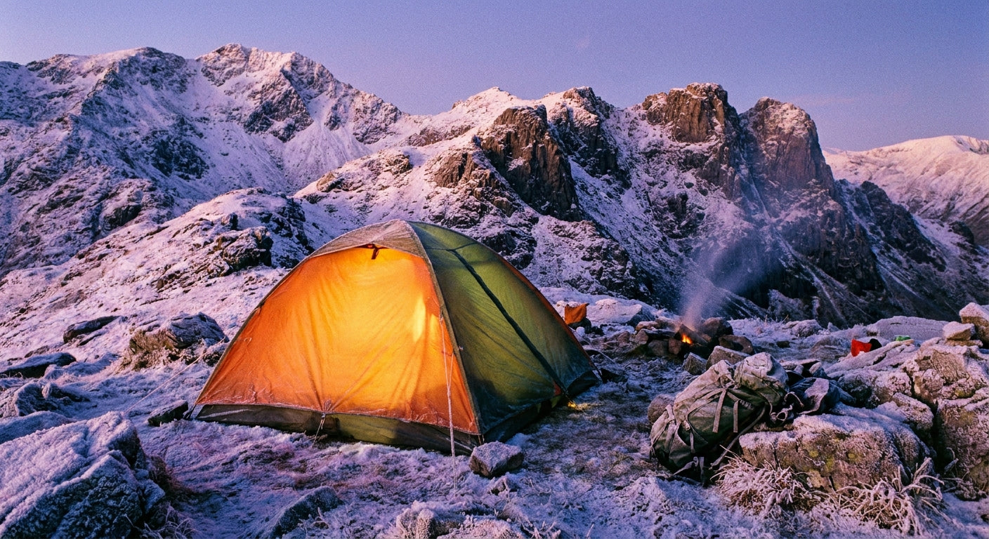 A glowing dome tent pitched on a snowy alpine landscape at dusk with dramatic mountain peaks in the background.