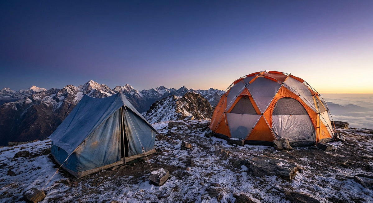 Two mountaineering tents pitched side by side on a snowy alpine ridge at dusk, surrounded by dramatic snow-capped peaks under a deep indigo and amber sky.