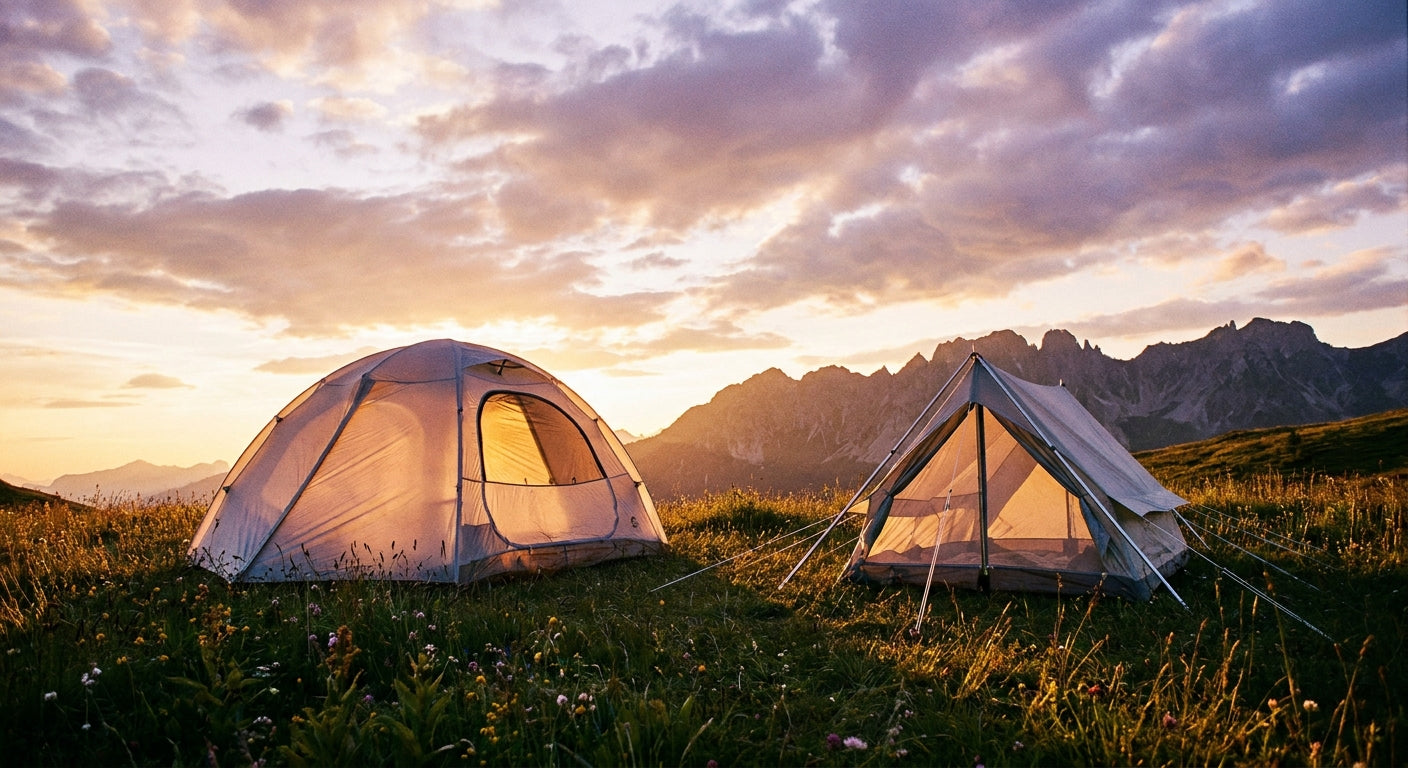 An inflatable tent and a pole tent set up side by side on a mountain meadow at golden hour, with a dramatic alpine ridge in the background.