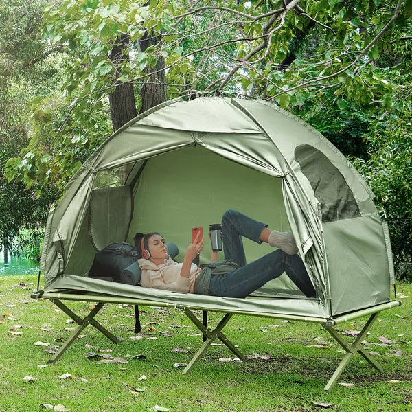 AOSOM 1 Person Folding Camping Cot Tent Elevated Combo Green