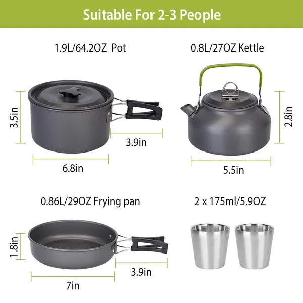 12-Piece Camping Cookware Set Aluminum Pot Pans Kit Grey