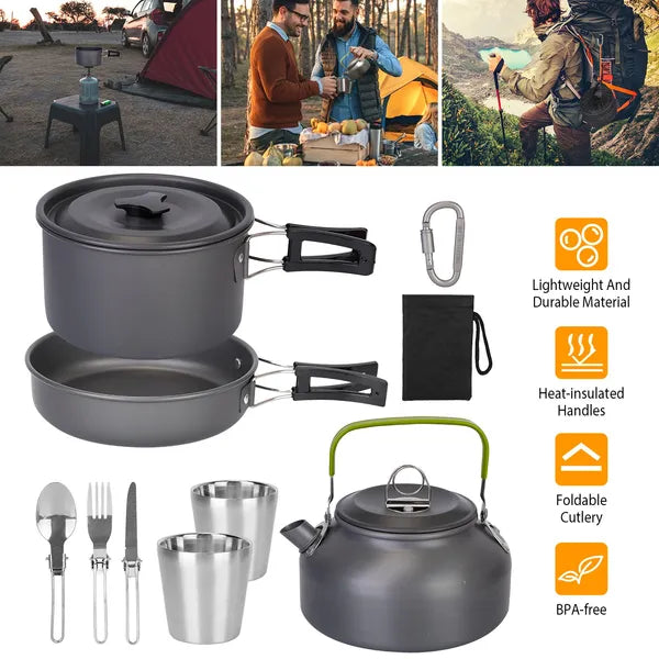 12-Piece Camping Cookware Set Aluminum Pot Pans Kit Grey