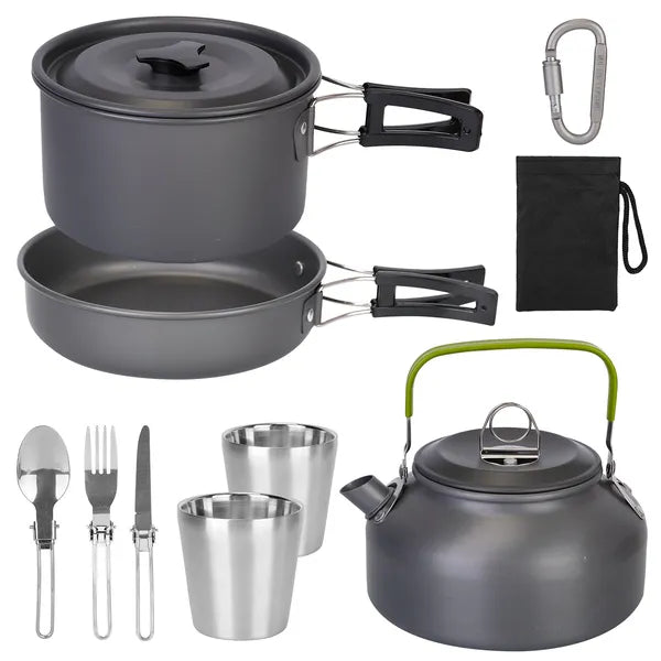 12-Piece Camping Cookware Set Aluminum Pot Pans Kit Grey