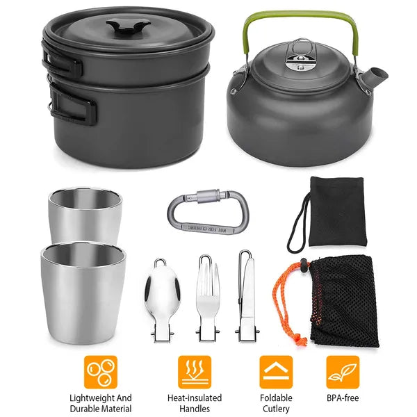 12-Piece Camping Cookware Set Aluminum Pot Pans Kit Grey