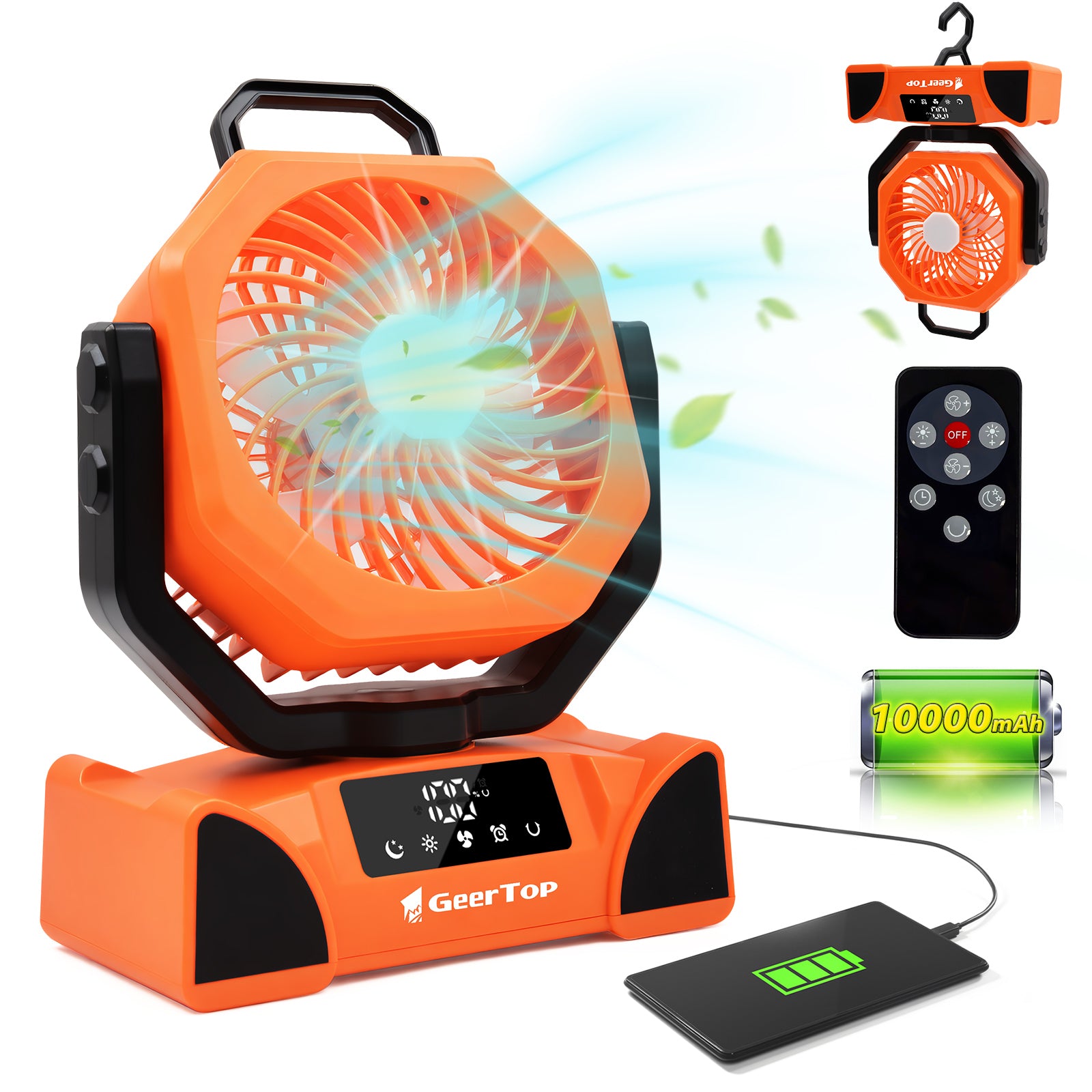 GEERTOP Rechargeable 5 Speeds LED Camping Fan - Green