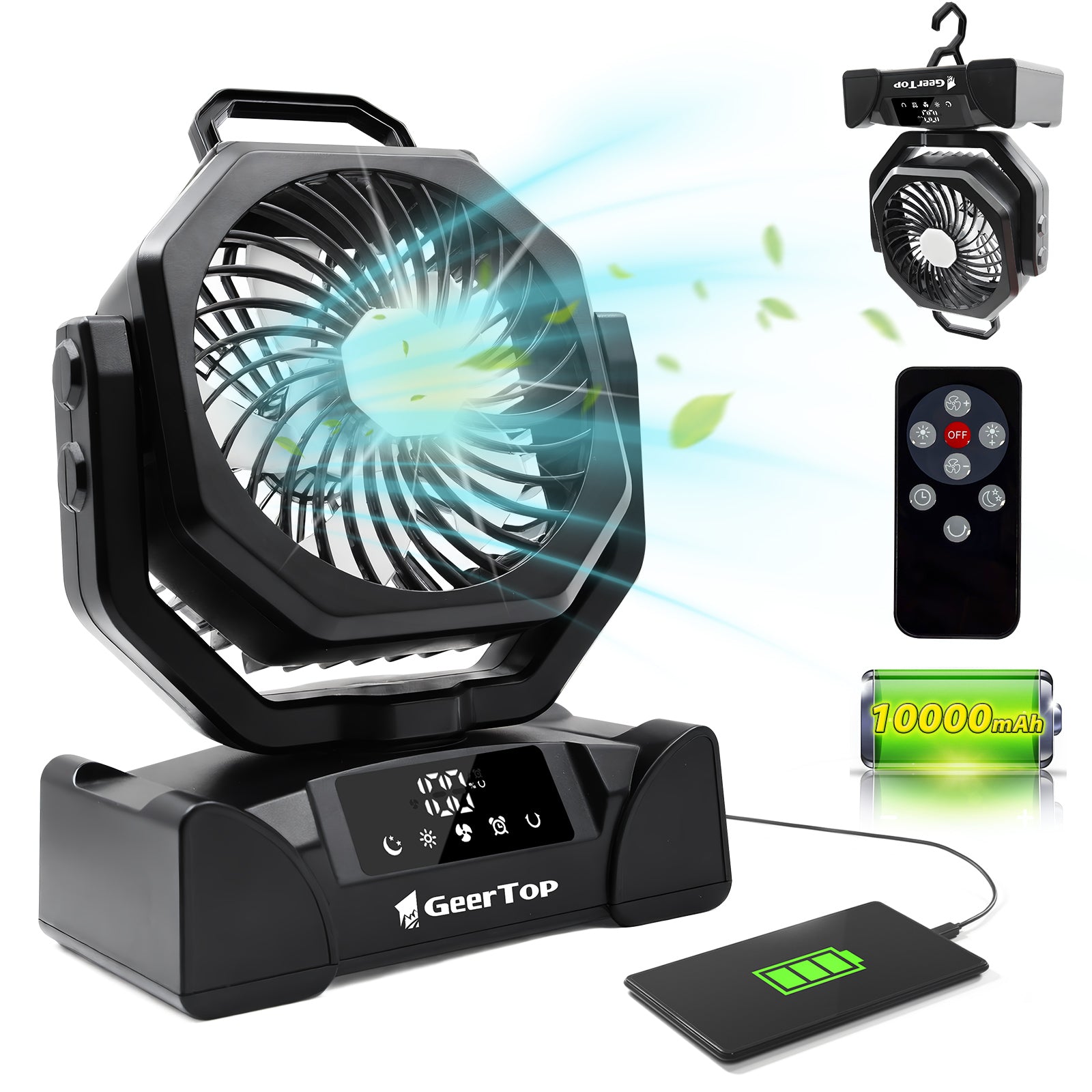 GEERTOP Rechargeable 5 Speeds LED Camping Fan - Green