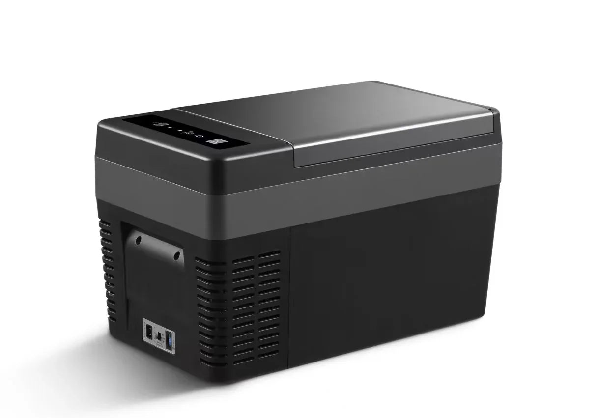 Portable black and gray car refrigerator freezer with digital control panel