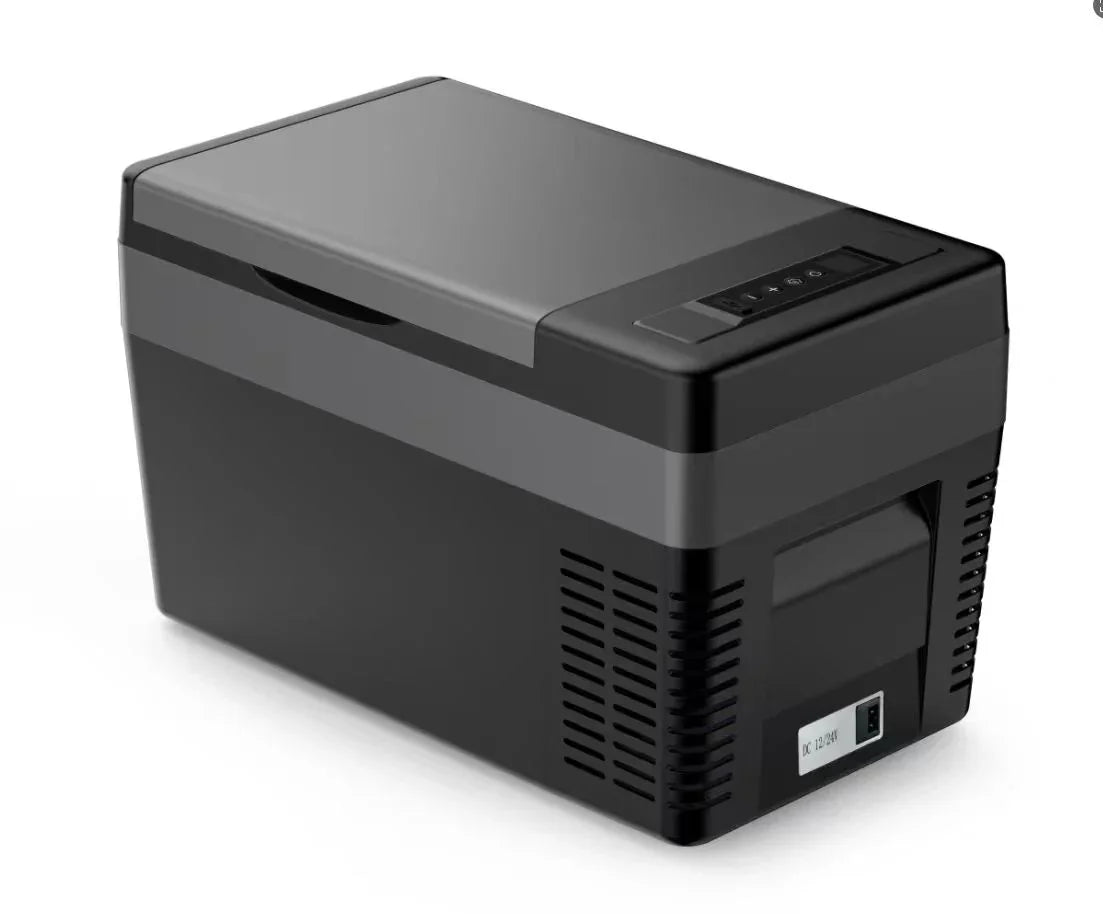 Black portable car refrigerator freezer with digital control panel on white background