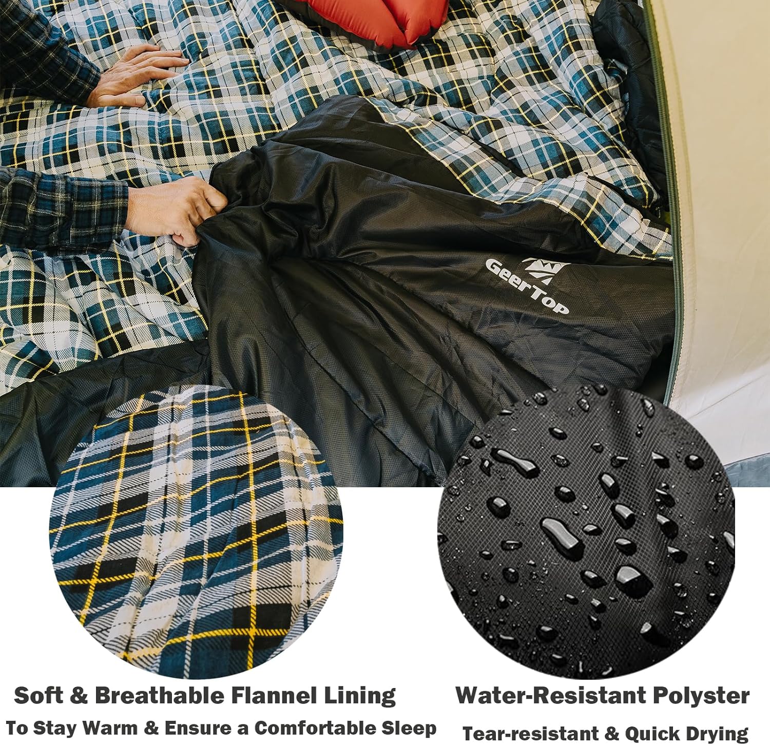 GeerTop Flannel 3 -4 Season Sleeping Bag For Adults Big and Tall