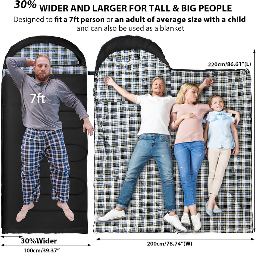 GEERTOP Plus Size Flannel 3 Person 4 Season Sleeping Bag