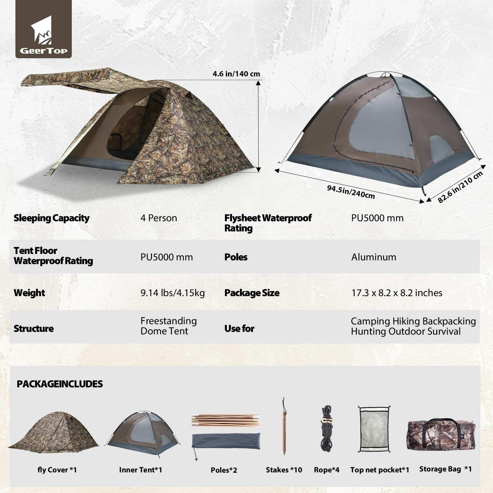 4 person tent waterproof GEERTOP Relistic Camo 4-Person Easy Setup Waterproof Camping Tent