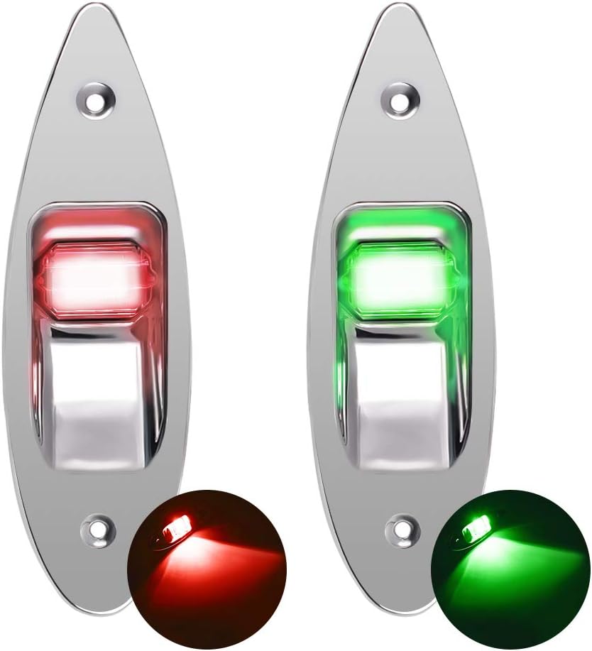 One Pair Boat Navigation Lights Boat LED Bow Light Teardrop 12V Stainless Steel Marine Sidelight Red & Green Sailing Signal Lights for Pontoon, Skiff, Small Boat, More