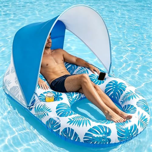 Deyhoc Inflatable Pool Float with UPF50+ Canopy Removable Dark Blue