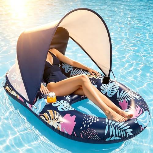 Deyhoc Inflatable Pool Float with UPF50+ Canopy Removable Dark Blue