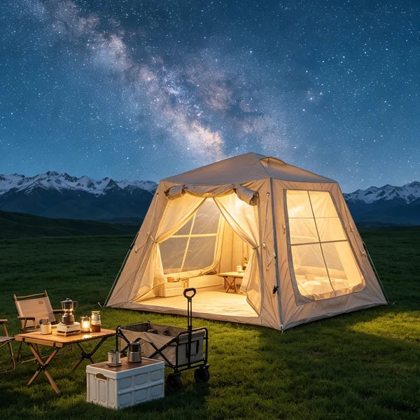 Inflatable Camping Tent with Canopy Waterproof Oxford Glamping Air Tent Beige
