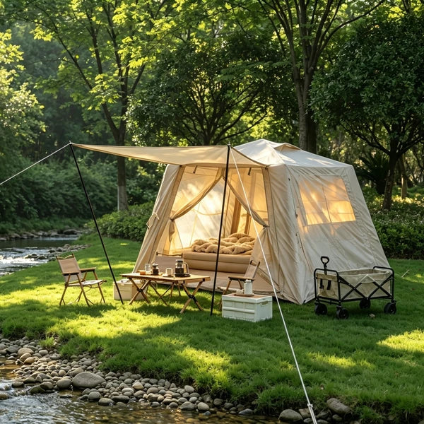 Inflatable Camping Tent with Canopy Waterproof Oxford Glamping Air Tent Beige