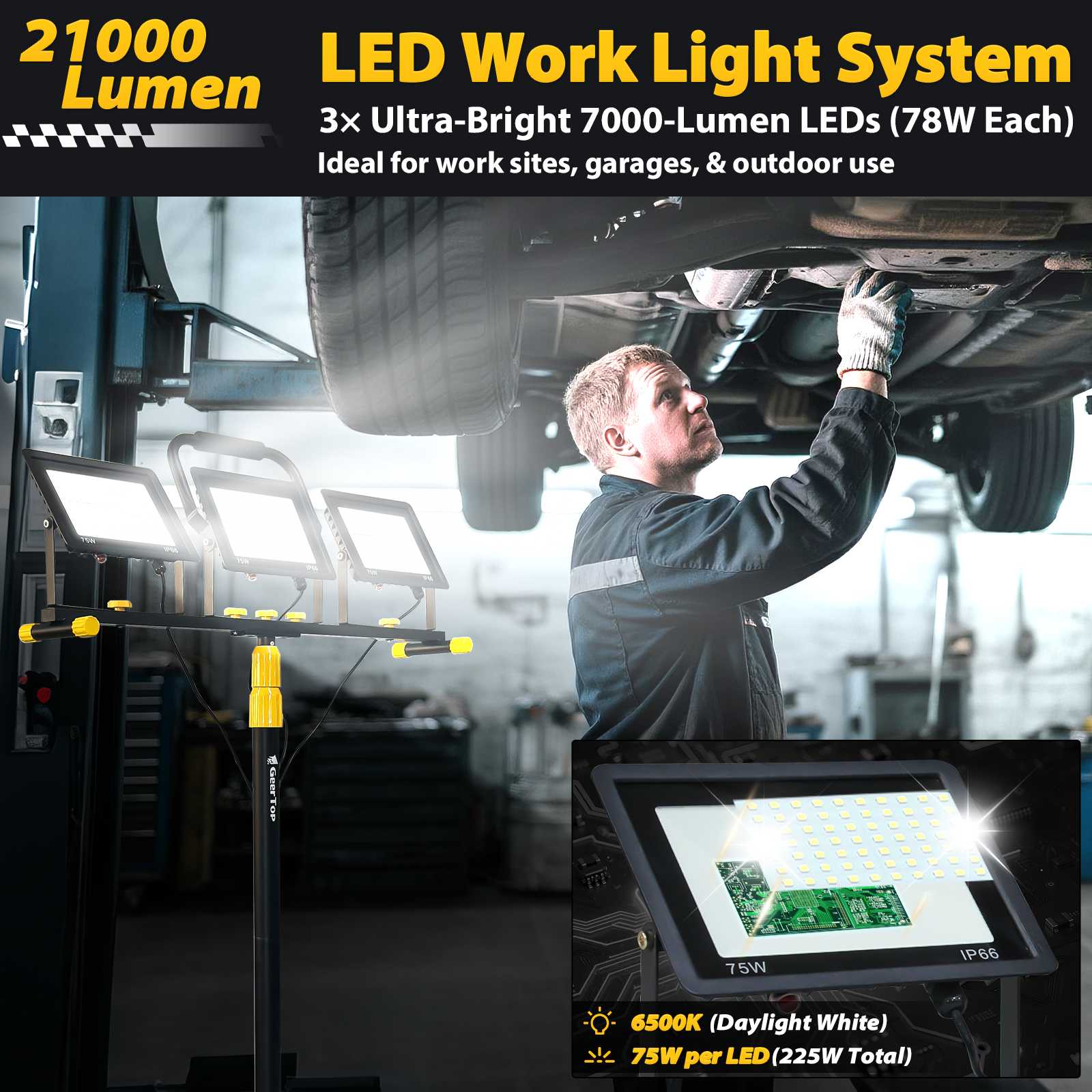 Portable 21000LM Triple Head LED Work Light