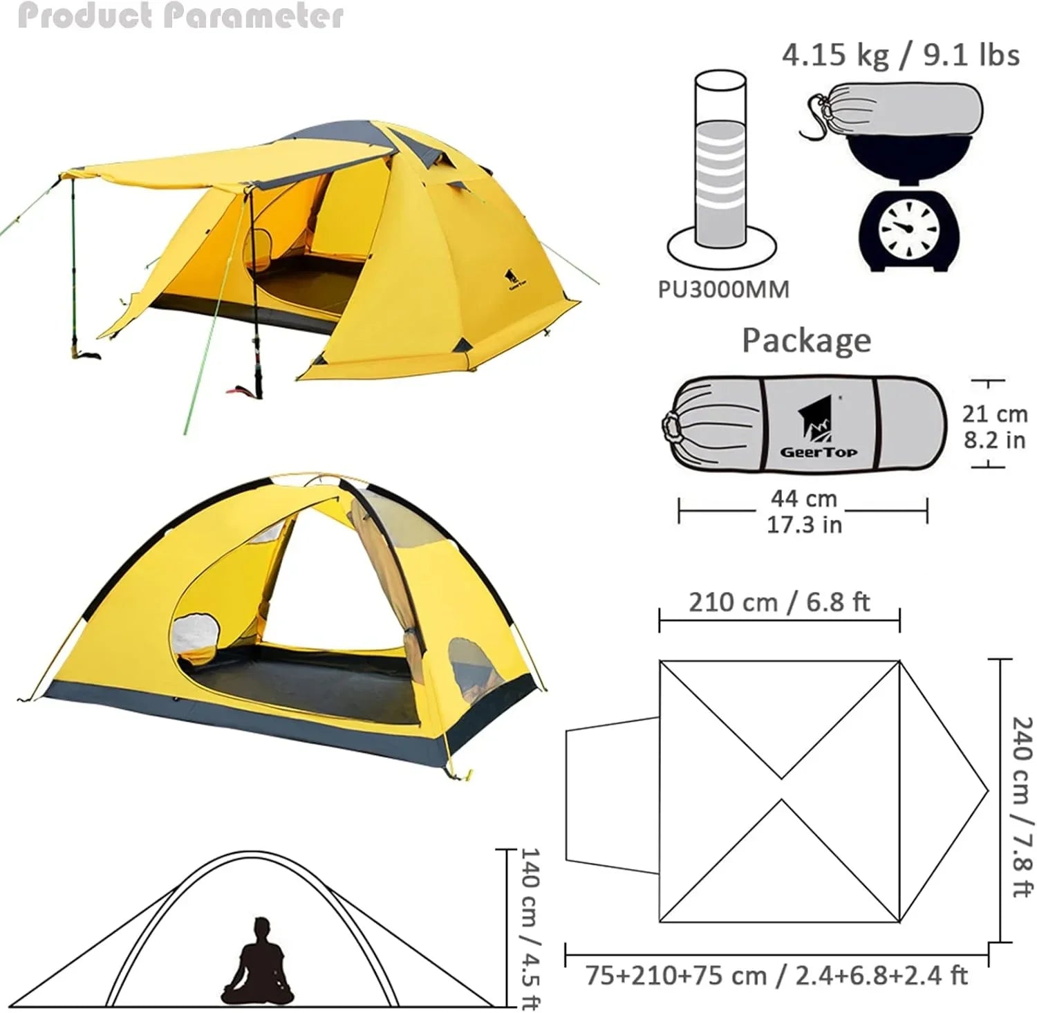 GEERTOP Topload4 4 Person 4 Season Waterproof Camping Tent - Yellow - GeerTop Outdoor